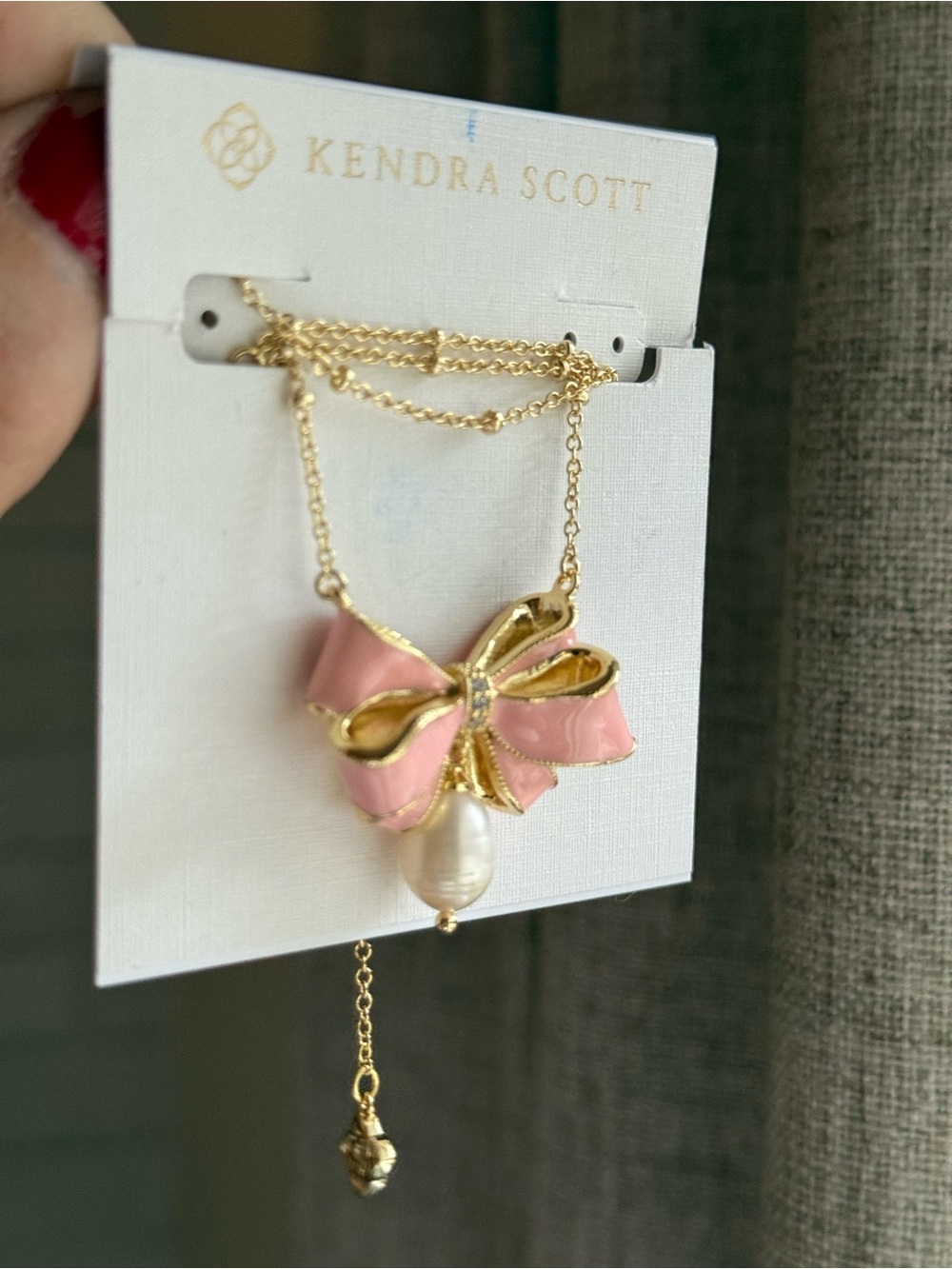 NWT Kendra Scott Pink Enamel Bow Necklace with Pearl - Picture 3 of 3